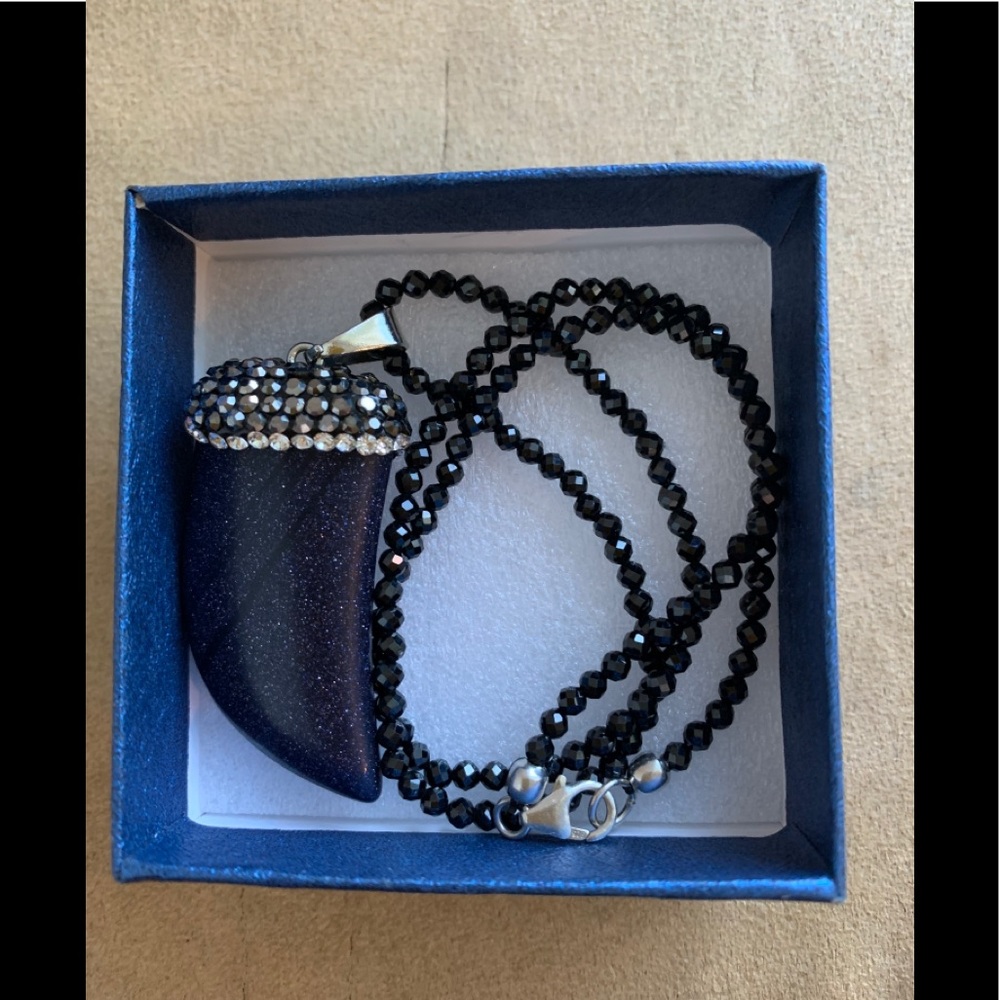 Blue Goldstone Pendant w/Black Spinel Necklace